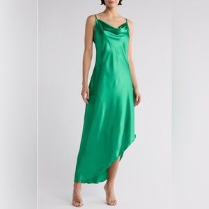 bebe Elegant Emerald Green Satin Asymmetric Slip Dress